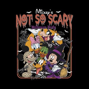 May include: A graphic print featuring Mickey Mouse as a mummy, Minnie Mouse as a witch with a broom, Goofy, Daisy Duck, Donald Duck, and Pluto. The text reads Mickey's Not So Scary Halloween Party, with signatures from the characters on a black background.