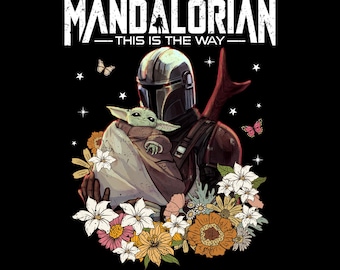Star Wars The Mandalorian And Grogu Floral Png, Grogu Bounty Hunter Png, 90s Style Star Wars Png, Star Wars Fans Gift Tee