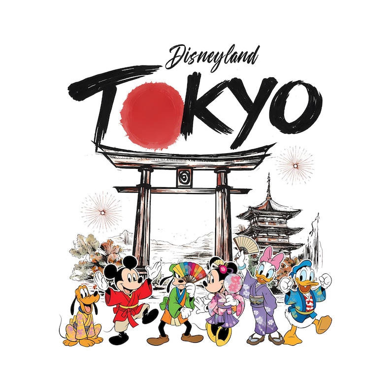 May include: A graphic featuring Disneyland Tokyo with iconic characters like Mickey Mouse, Minnie Mouse, and Donald Duck in traditional Japanese attire. The design includes a red sun, a torii gate, and a pagoda.