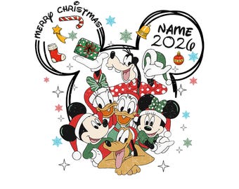 May include: A graphic design featuring Mickey Mouse, Minnie Mouse, Donald Duck, Daisy Duck, Goofy, and Pluto wearing Christmas attire inside a Mickey-shaped outline. Text reads Merry Christmas, Name, and 2026, with snowflakes, a gift, and ornaments.