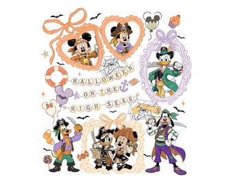 Puede incluir: Una ilustración gráfica con personajes de Disney vestidos de piratas con el texto HALLOWEEN ON THE HIGH SEAS. Mickey, Minnie, Donald y Goofy aparecen en marcos ornamentados rodeados de murciélagos, dulces y elementos náuticos.