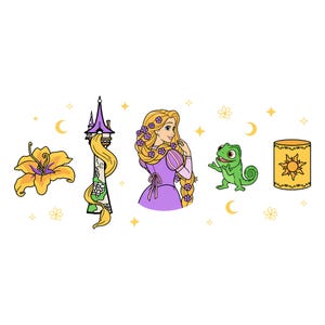 May include: A cartoon illustration featuring Rapunzel with long blonde hair, a purple dress, and a green chameleon. Also included are a tower, a yellow flower, and a lantern with a sun design, all set against a white background.