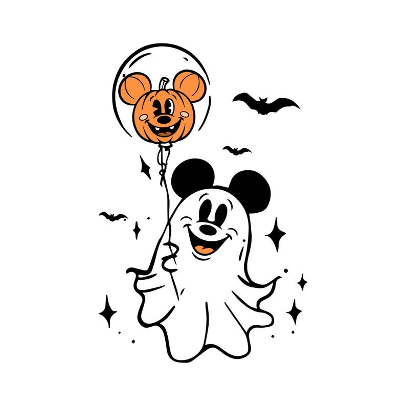May include: A black and white illustration of a ghost holding a pumpkin balloon. The pumpkin balloon has mouse ears and a smiling face. Bats and stars are also in the image, creating a Halloween theme.