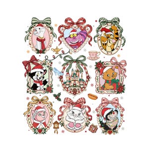 Könnte beinhalten: Eine Sammlung von neun dekorativen Rahmen mit verschiedenen Zeichentrickkatzen und einem Schloss, alle geschmückt mit Weihnachtsmützen, Schleifen und festlichem Grün. Die Illustration enthält kleine Symbole wie eine goldene Lampe, einen gläsernen Schuh und einen Hotdog.