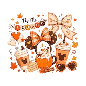 May include: A digital illustration featuring autumn-themed items including mouse-ear headbands, a pumpkin-shaped mug with whipped cream, a coffee cup, a cold drink, heart-shaped sunglasses, and a bow, with the text 'Tis the season' and 'pumpkin spice vibes'.