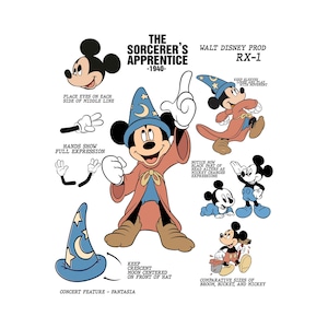 May include: A vintage illustration of Mickey Mouse as the Sorcerer's Apprentice from the 1940 Disney film, Fantasia. Mickey is depicted in a blue wizard hat with a crescent moon, a red robe, and white gloves. Additional sketches show Mickey in different poses.