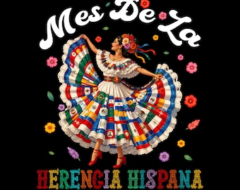 May include: A graphic illustration featuring a dancer in a white dress with colorful vertical stripes representing various national flags. The text reads Mes De La HERENCIA HISPANA, surrounded by small colorful flowers on a black background.