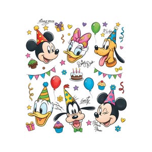Puede incluir: Ilustración colorida con Mickey Mouse, Minnie Mouse, Donald Duck, Daisy Duck, Goofy y Pluto, todos con sombreros de fiesta. La imagen incluye globos, cupcakes, una tarta y confeti, con los nombres de los personajes.