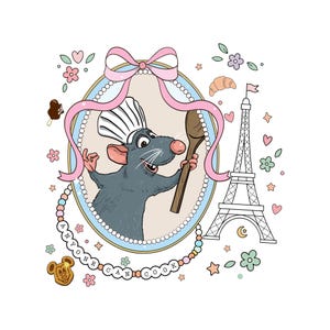 May include: Illustration of a gray rat wearing a chef's hat, holding a wooden spoon, and framed by a pink ribbon and an oval border. The Eiffel Tower and the text "ANYONE CAN COOK" are also featured.