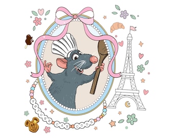 Lazo coqueto retro de los 90, Disney Ratatouille Remy (PNG), cita de "Cualquiera puede cocinar", diseño de París, Francia, Gusteau, camiseta femenina de Disney (PNG)