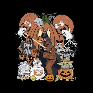 Pode incluir: Uma ilustração gráfica com personagens de Star Wars em fantasias de Halloween. Darth Vader, Chewbacca, C-3PO com camisa de esqueleto, dois Stormtroopers, R2-D2 como múmia, BB-8 e Grogu numa abóbora perante uma abóbora em forma de Mickey.