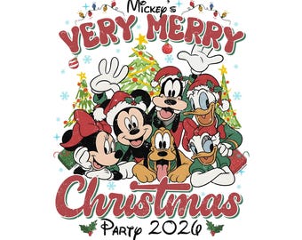 May include: A graphic illustration featuring Mickey Mouse, Minnie Mouse, Goofy, Donald Duck, Daisy Duck, and Pluto wearing Santa hats in front of Christmas trees. The text reads Mickey's VERY MERRY Christmas PARTY 2026 with red and green accents.