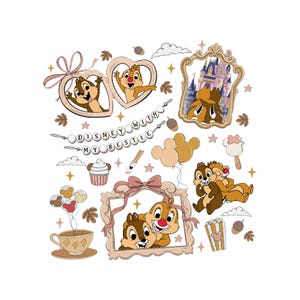 Könnte beinhalten: Eine Sammlung von Disney-Illustrationen mit Chip und Chap. Die Bilder zeigen Chip und Chap in Rahmen, Herzen und mit einem Schloss. Der Text lautet "Disney with my bestie". Weitere Elemente sind Ballons, Popcorn und eine Teetasse.