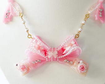 Pink Pearl Bow Necklace, Handmade Resin Rose Jewelry, Romantic Fairycore Statement Necklace