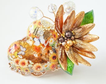 Sunflower Heart & Sunflower Hair Clip, Vintage Romantic Floral Handmade Resin Barrette
