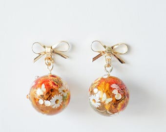 Sunflower Sphere Drop Earrings, Real Flower Resin Jewelry, Vintage Romantic Floral Earrings