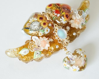 Sunflower Wing Hair Clip, Handmade Resin Barrette with Real Flowers, Vintage Gift for Her