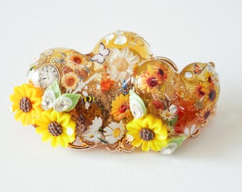 Sunflower Twin Heart Hair Clip, Real Flower Resin Barrette, Vintage Romantic Floral Hair Accessory