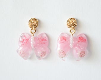 Pink Pearl Rose Bow Earrings, Romantic Handmade Resin Jewelry, Gift for Her