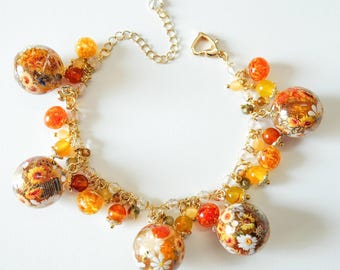 Sunflower Charm Bracelet, Handmade Resin Floral Bracelet with Real Flowers,Vintage Inspired Jewelry