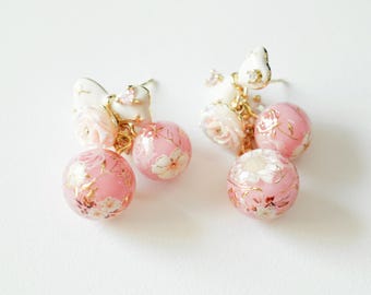 Pink Pearl Rose Drop Earrings, Romantic Handmade Resin Floral Jewelry Gift for Her