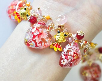Goldfish & Koi Heart Charm Bracelet – Crystal Resin Prosperity Jewelry, Whimsical Handmade Bracelet
