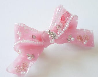 Pink Pearl Bow Hair Clip, Handmade Resin Rose Barrette, Romantic Luxury Accessory