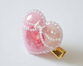 Pink Heart Hair Clip, Pearl Rose Barrette Handmade Resin Hair Accessory, Romantic Gift