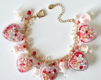 Strawberry Charm Bracelet – Chunky Resin Heart Charms, Pink Maximalist Kawaii Jewelry