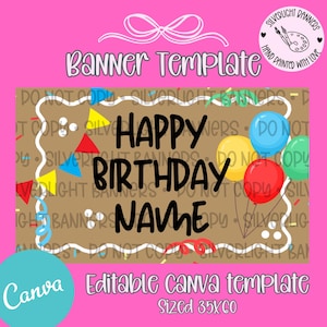 May include: A birthday banner template with the words "Happy Birthday Name" in black on a brown background. The banner includes colorful balloons, pennants, and the text "Editable Canva template". The background is pink.