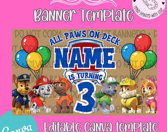 Plantilla de pancarta de cumpleaños de Paw Patrol / Letrero editable de Canva "All Paws On Deck" (Descarga digital)