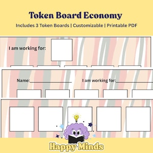 May include: A printable PDF token board with the text "Token Board Economy". The design includes three token boards, customizable fields, and the phrase "I am working for:" and "Name:" on the boards. The Happy Minds logo is at the bottom.