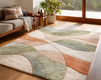 Hand Tufted Wool Area Rug, Modern Organic Abstract, Sage Green Beige Ivory Carpet