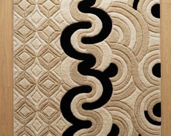Hand Tufted Abstract Geometric Wool Rug, Beige Black Contemporary Carpet