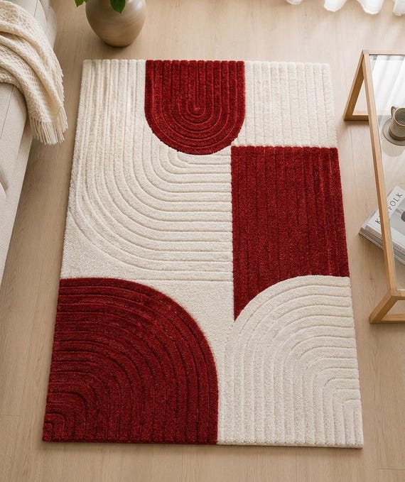 Hand getufteter Wollteppich | Moderner Geometrischer Teppich, Rot Weiß NZ Wolle