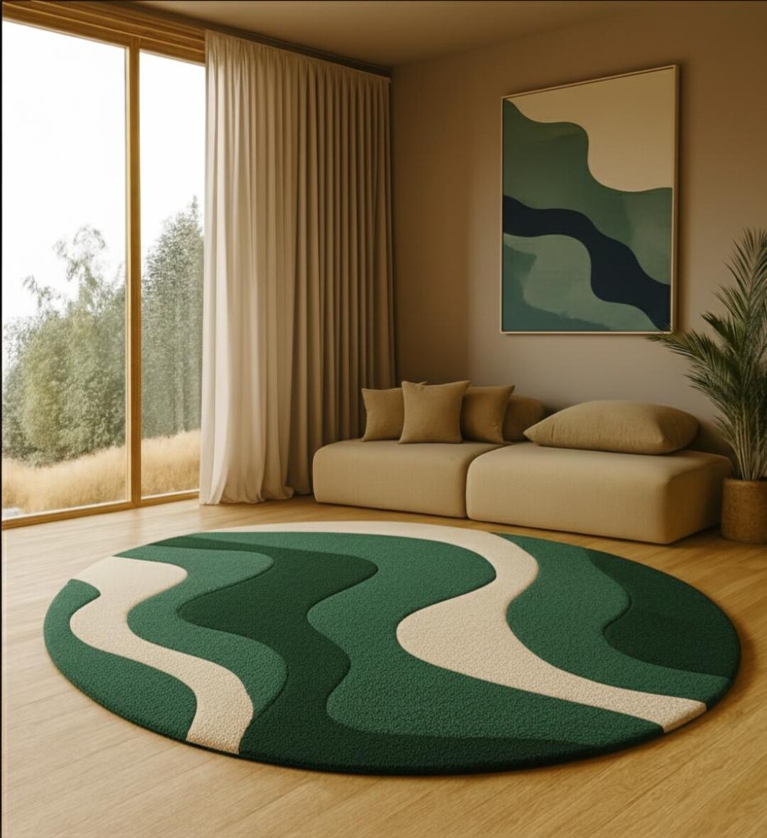 Green Wavy Round Rug | Mid-century Modern Tufted Carpet - Etsy