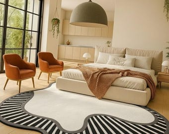 Modern Abstract Wavy Rug, Black White Area Carpet, Organic Shape Living Room Home