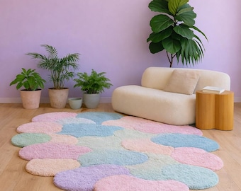 Alfombra de nubes pastel hecha a mano, alfombra de lana afelpada, alfombra abstracta moderna, suave