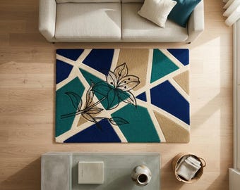 Handgetuft wollen tapijt met geometrische bloemen, modern woonkamertapijt