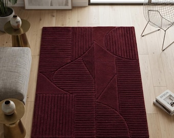 Hand Tufted Burgundy Geometric Wool Rug, 3D Textured Carpet, Custom Living Room