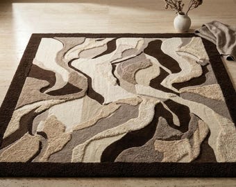 Handgetuft wollen vloerkleed | Abstract bruin tapijt, aangepast formaat woonkamer designer decor