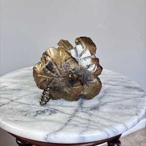 May include: A decorative metal sculpture shaped like a cluster of grapes with large, textured leaves finished in a distressed antique gold tone. The piece features a coiled wire stem extending from the base of the metallic foliage cluster.