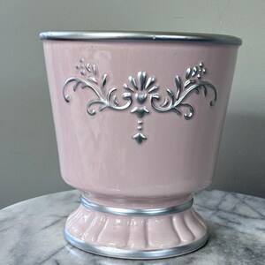 Victorian Pink Pedestal Planter | Silver Trim Cachepot | Vintage Floral Jardiniere | Whimsical Home Decor