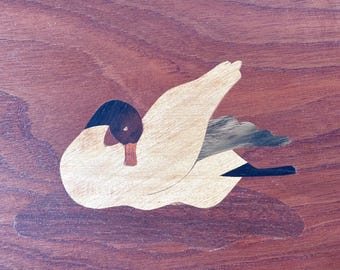 Teakhouten dienblad met inlegwerk eend | Vintage houten dienblad | Rustieke woondecoratie