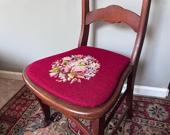 Late Victorian Mahogany Needlepoint Accent Chair | Antique Carved Side Chair | Upholstered Parlor Chair | Victorian Home Decor