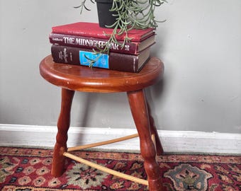 Vintage Round Wooden Three-Legged Stool, Rustic Primitive Farmhouse Accent, Cottagecore Wood Furniture, 16 Inch Seat