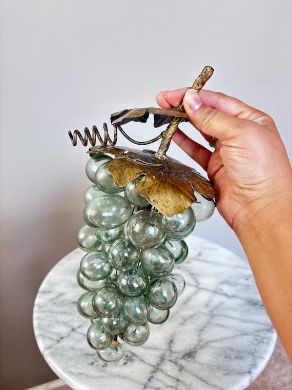 Vintage Glass & Brass Grape Cluster Sculpture | Hollywood Regency Decor | Mid Century Table Accent | Brass Grapes Fruit Display