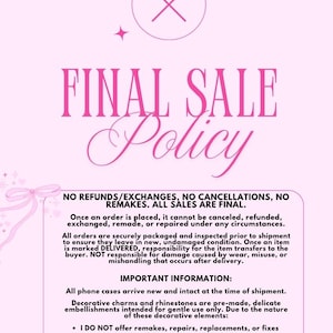 K&ouml;nnte beinhalten: Rosa Grafik mit den Worten "FINAL SALE Policy" in kursiver Schrift. Der Text beschreibt die Richtlinie des Shops f&uuml;r keine R&uuml;ckerstattung, Umtausch oder Stornierung. Zus&auml;tzlicher Text liefert Informationen.