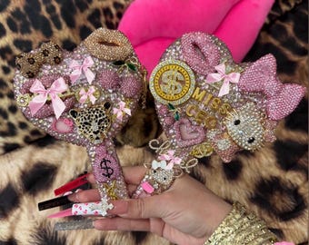 LUX Custom Handmade Bling Heart Mirror | Hello Kitty Inspired | Personalized Name or Business Mirror | Pink Rhinestone Vanity Mirror
