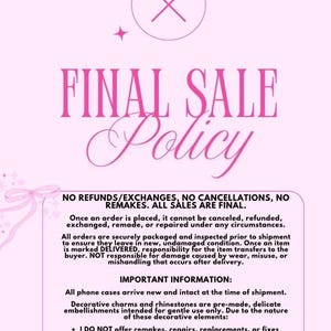 Pu&ograve; includere: Grafica rosa con il testo "FINAL SALE Policy" in un carattere decorativo. Il testo illustra la politica del negozio su rimborsi, cambi e cancellazioni. Ulteriori informazioni sono fornite.